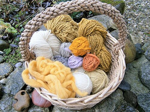 Mit Pilzen gefärbte Wolle im Korb. (Foto: Dr. Ute Künkele)