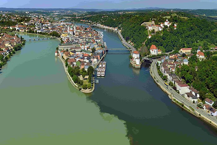 Zusammenfluss von Inn, Donau und Ilz in Passau (Foto: Stadt Passau)